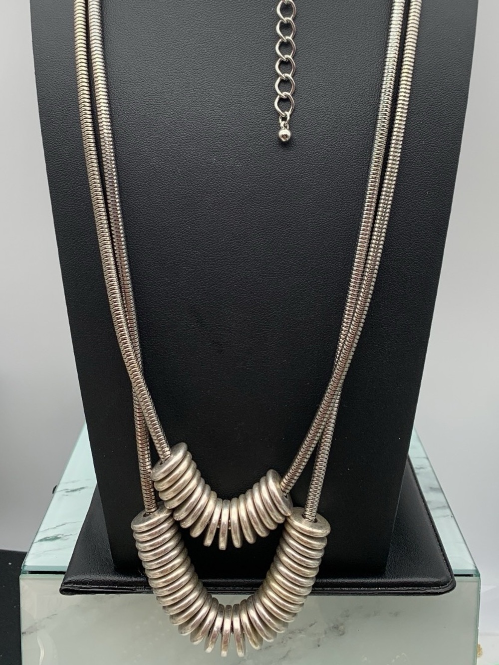 Premier Designs Chunky silver tone Multi-Strand modernist  Necklace 34-34”